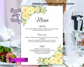 Yellow flowers Wedding Menu, Yellow Flowers Menu card,(110w)